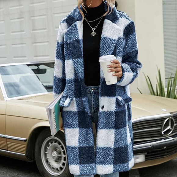 buffalo plaid teddy trench pea coat jacket khaki - Picture 2 of 11